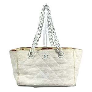 CHANEL Women's White Linen Tote Bag with Double Chain and Phone Pouch, Logo M...